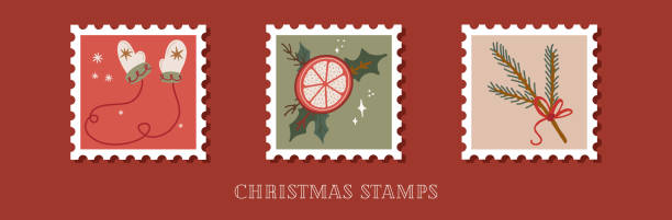 istock Hand drawn collection of christmas postage stamps in retro style 1496721968