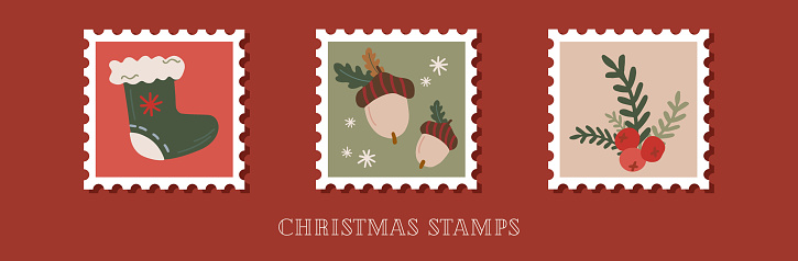 Hand drawn collection of christmas postage stamps in retro style