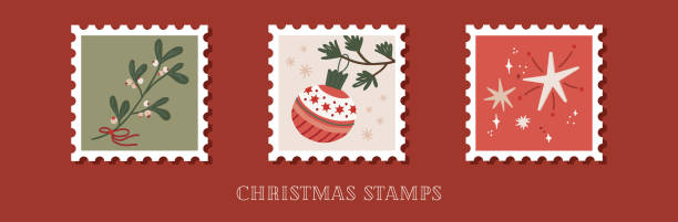 istock Hand drawn collection of christmas postage stamps in retro style 1496722044