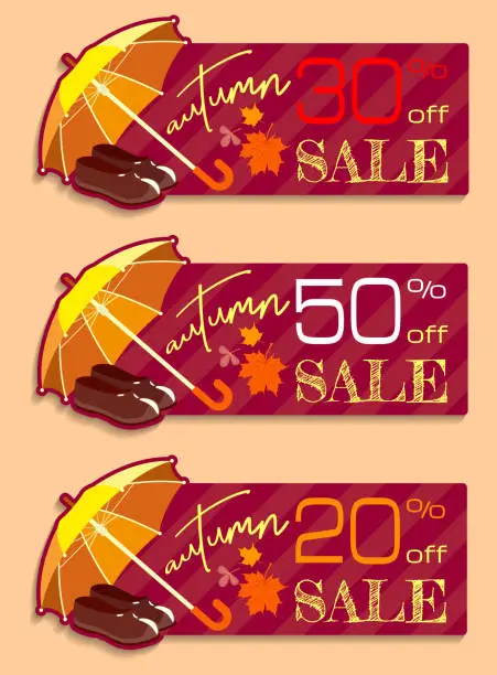 Vector illustration of Coupon template for autumn sale with umbrella and galoshes