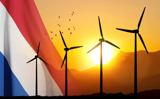 Vector illustration of Wind Turbines farm with Netherlands flag
