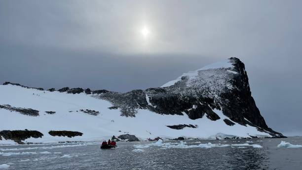 オルヌ港のアルクトウスキー半島でハイキングする遠征チーム - penguin chinstrap penguin antarctic peninsula ice floe ストックフォトと画像