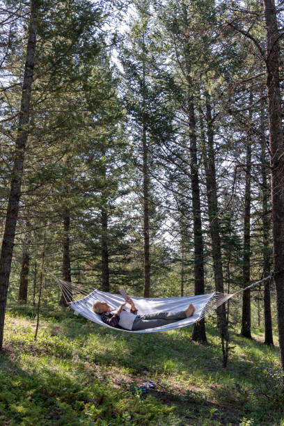 istock Senior male relaxes in a hammock in the forest 1496726616