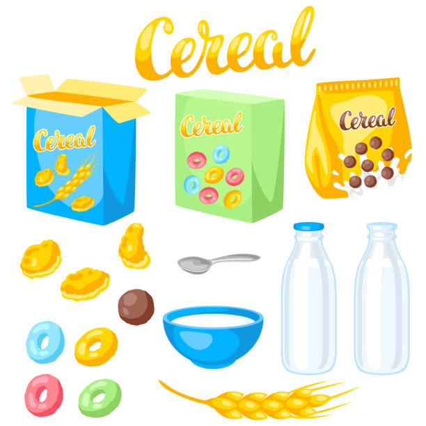 набор хлопьев для завтрака. образ здорового питания. - cereal box food carbohydrate stock illustrations