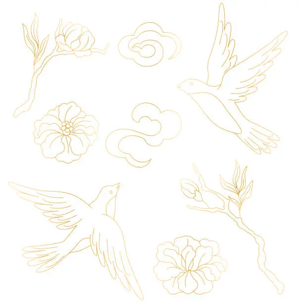 Vector illustration of Oriental birds and flowers set. Chinese and japanese traditional illustration.