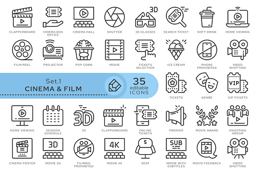 Set of conceptual icons. Vector icons in flat linear style for web sites, applications and other graphic resources. Set from the series - Cinema and Film. Editable outline icon.