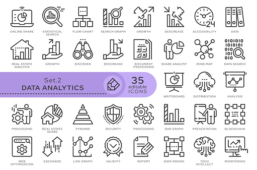 Set of conceptual icons. Vector icons in flat linear style for web sites, applications and other graphic resources. Set from the series - Data Analytics. Editable outline icon.