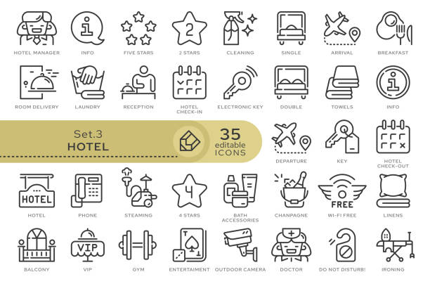 set icons hotel 03 Set of conceptual icons. Vector icons in flat linear style for web sites, applications and other graphic resources. Set from the series - Hotel and Travel. Editable outline icon. throwing in the towel illustrations stock illustrations