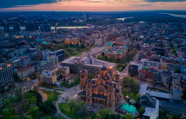 istock Belgrade city skyline at sunset 1496731409