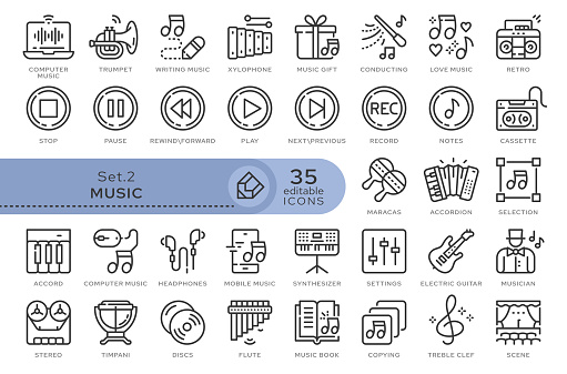 Set of conceptual icons. Vector icons in flat linear style for web sites, applications and other graphic resources. Set from the series - Music and Musical Instruments. Editable outline icon.