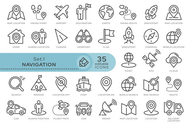 set icons navigation 01 Set of conceptual icons. Vector icons in flat linear style for web sites, applications and other graphic resources. Set from the series - Navigation. Editable outline icon. spaceport stock illustrations