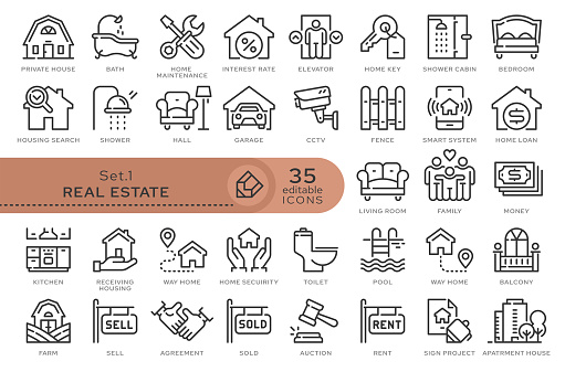 Set of conceptual icons. Vector icons in flat linear style for web sites, applications and other graphic resources. Set from the series - Real Estate. Editable outline icon.