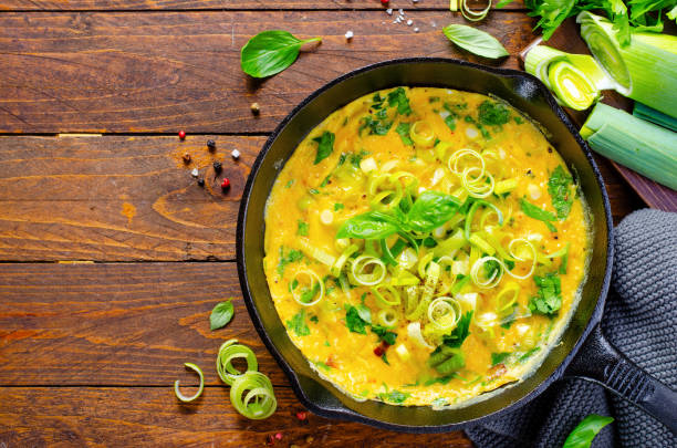 istock Omelette with Leek and Herbs, Delicious Snack or Breakfast on Rustic Wooden Background 1496732024