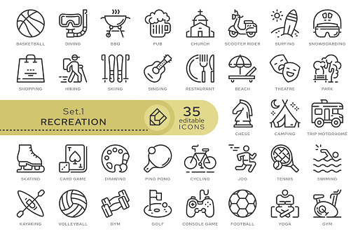 Set of conceptual icons. Vector icons in flat linear style for web sites, applications and other graphic resources. Set from the series - Recreation. Editable outline icon.