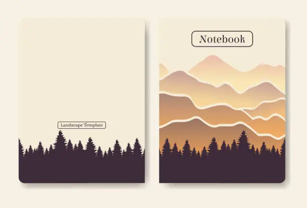 Vector illustration of Abstract minimal mountain landscape notebook cover. Gradient mountains