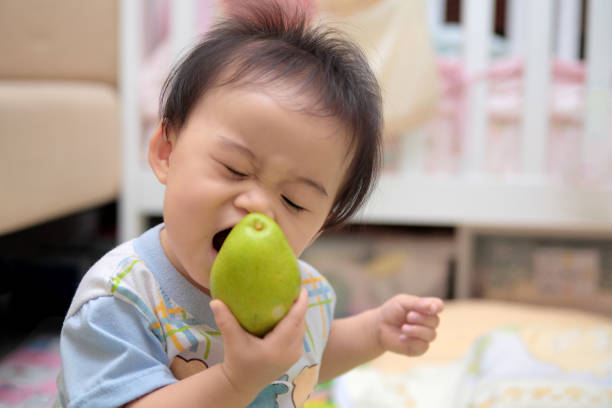 Asian baby is trying to bite a fruit