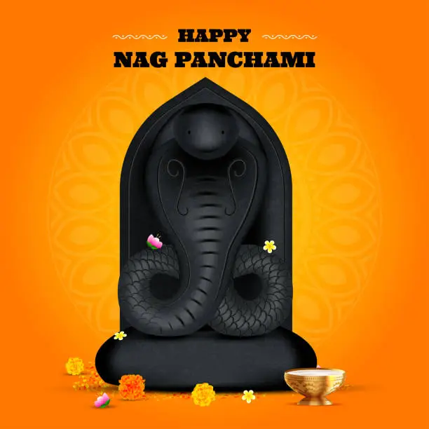 Vector illustration of Happy Naga Panchami. Nag Devta black stone statue.