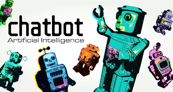 Retro toy styled Robots for Chatbot or Artificial Intelligence concept. Artificial Intelligence, Facial Recognition Technology, computer, Big Data, Chatbot, Biometrics, Automated, Virtual Reality. Robot, science, technology,