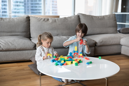 Two preschool sibling kids playing game for skills development at home, stacking toy building blocks, sitting on warm floor, enjoying being friends, childhood, smart indoor activity, playtime