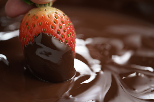 dipping strawberry into dark premium chocolate, with copy space