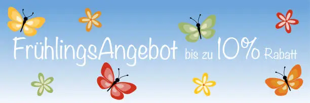 Vector illustration of Frühlingsangebot bis zu 10% Rabatt. Text in German language. Sales banner with butterflies and blossoms on a sky blue background.
