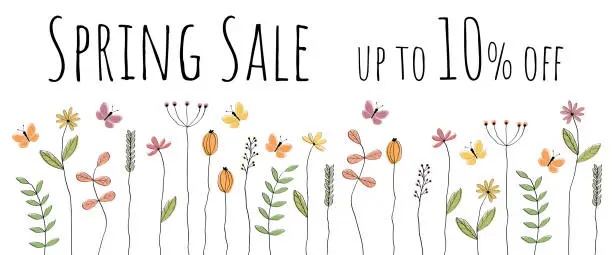 Vector illustration of Spring Sale up to 10% off. Sales banner with lovingly drawn flowers and butterflies.