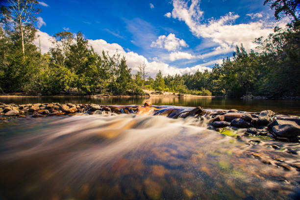 Young man laying in freshwater stream flowing over rocks. Long exposure.