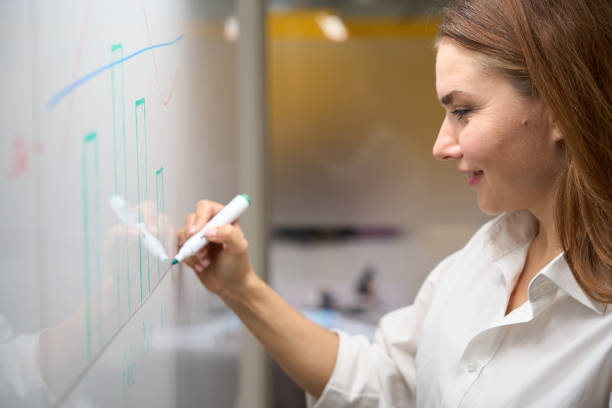 istock Smiling female, showing presentation, writing on board 1496745995