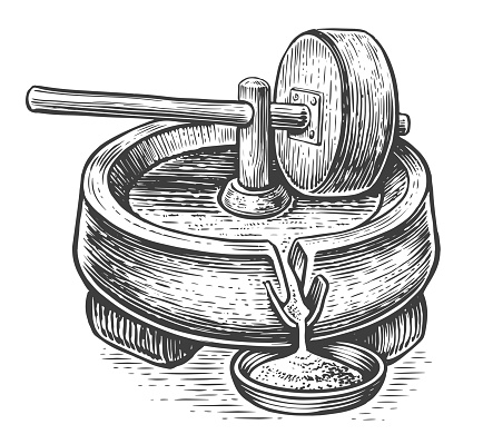 Manual old millstone. Hand millstones for grain with handle holder. Engraving style sketch vector illustration