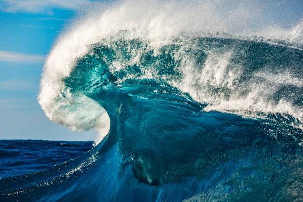 istock Large blue powerful ocean wave breaking dramatically on reef with clear sunny weather 1496750087
