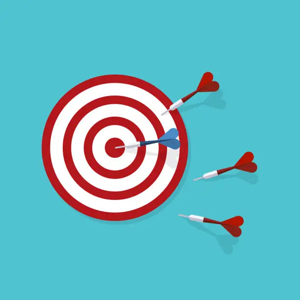 Vector illustration of Red darts missed hitting target and only blue one hits the center. Business challenge failure and success concept.