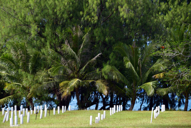 Hagåtña / Agana, Guam: U.S. Naval Cemetery - war cemetery for 254 souls, veterans of the Spanish-American War, World War I, World War II and the Korean War are resting here - An area in the cemetery was also used to bury German Sailors that died in the scuttling of the Kaiserliche Marine merchant raider SMS Cormoran (1917) in Apra Harbor -  palm-trees and casuarinas along South Marine Corps Drive, by the beach on Agana bay