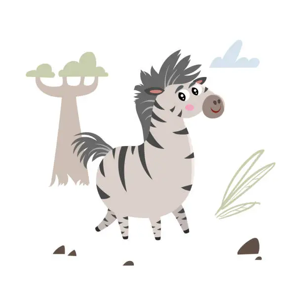 Vector illustration of Cute childish cartoon little zebra walking in the savannah. Simple  toddler design template. Best for cloth print and party designs. Vector illustration.