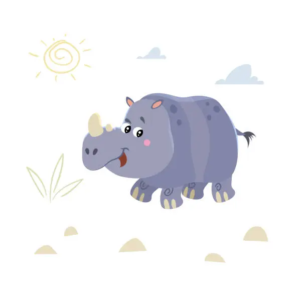 Vector illustration of Cute childish cartoon little rhino walking in the savannah. Simple  toddler design template. Best for cloth print and party designs. Vector illustration.