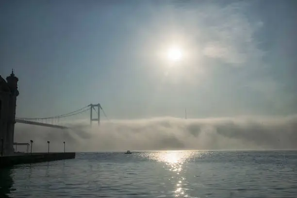 Foggy and Misty scene of Bosphorus Bridge. Bridge over the Bosphorus in Istanbul. View from the Asian part of Istanbul.