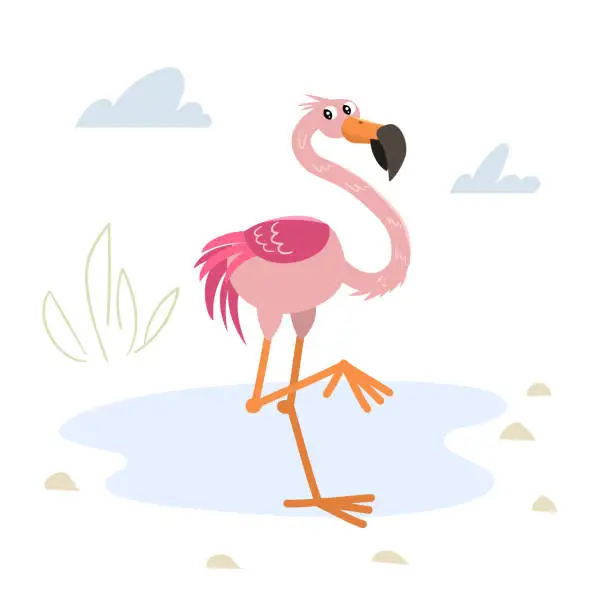 Vector illustration of Cute childish cartoon little flamingo. Simple preschool design template. Best for cloth print and party designs. Vector illustration.