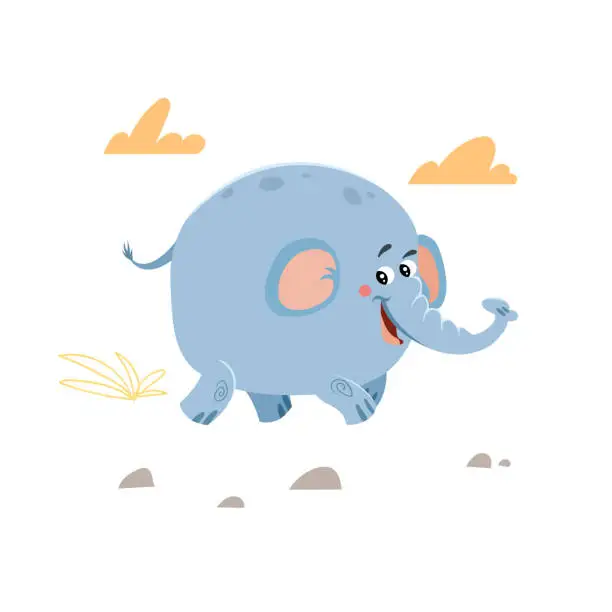 Vector illustration of Cute childish cartoon little elephant walking in the savannah. Simple  preschool design template. Best for cloth print and party designs. Vector illustration.