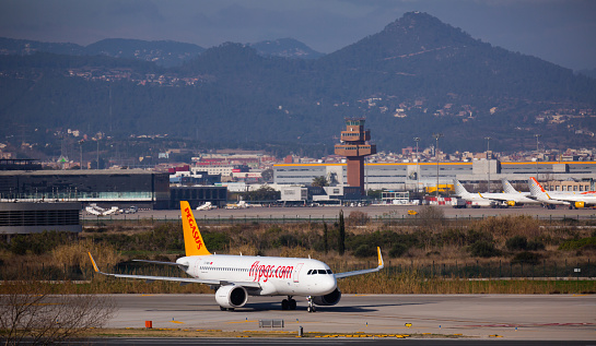 Barcelona, El Prat - January 26, 2020: Airline Pegasus plane takes off from the runway at Barcelona El Prat airport