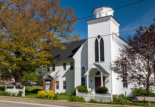 Sugar Grove, Pennsylvania, USA May 11, 2023 The First United Presbyterian Church on Main Street on a sunny spring day