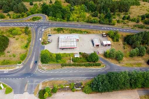 Aerial view Traffic junction and petrol station.
