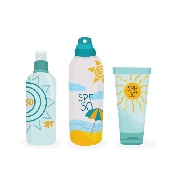 Vector illustration of Skincare, protection, sun Safety Cosmetics: SPF 50 Sunscreen Cream in Tube and Bottle, Sunblock Lotion. Isolated EPS in Cartoon style