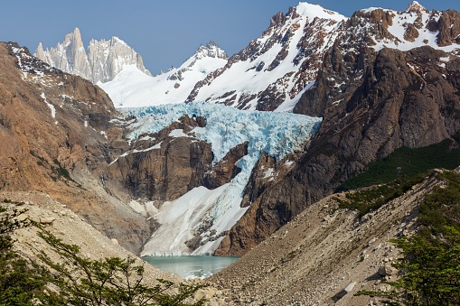 A stunning view of the Glacier and Laguna Piedras Blancas in El Chalten, Santa Cruz, Patagonia Argentina