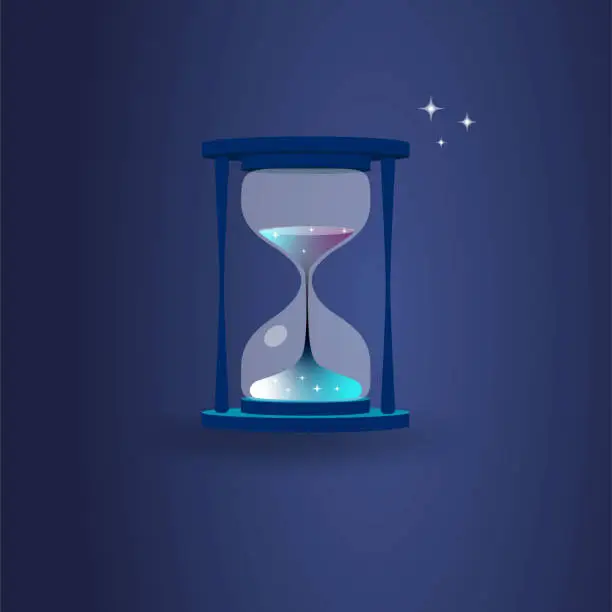 Vector illustration of Magic hourglass illustration, blue background, time concept. Generative AI