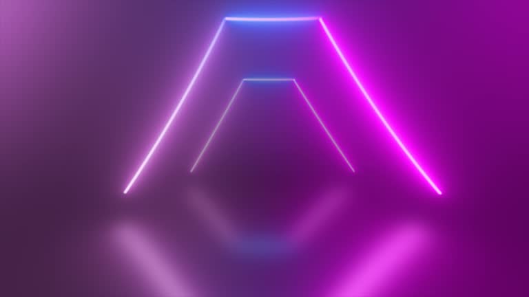 Abstract looped triangle tunnel neon blue and purple energy glowing from lines background