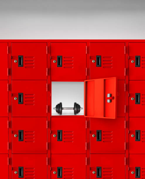 istock Dumbbells in the red lockers inside the gym 1496765013