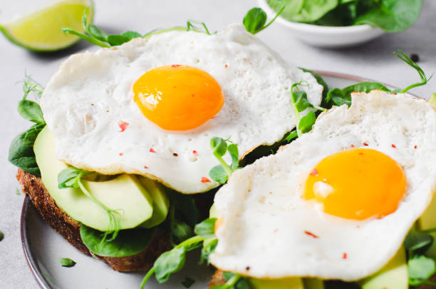 istock Avocado Sandwich with Fried Egg, Spinach and Green Sprouts, Healthy Breakfast or Snack on Bright Background 1496768942