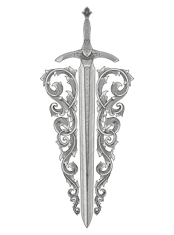 antique sword with ornament, vintage engraving drawing style illustration