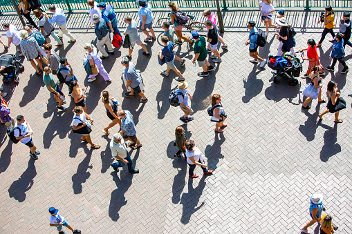 Aerial view of People walking and enjoying sunny morning in Circular Quay Sydney Australia, full frame horizontal composition