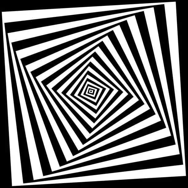 Vector illustration of Black and white rotating squares. Pattern with vortex effect. Ortical illusion with quadrangle shapes. Twisty dynamic texture. Vector graphic illustration