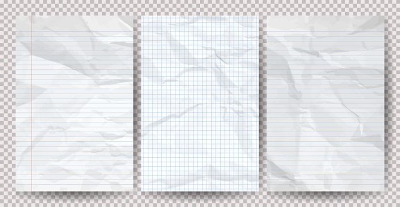 Set of white clean crumpled papers on a transparent background. Crumpled empty notebook sheets of paper with shadow for posters and banners. Vector illustration